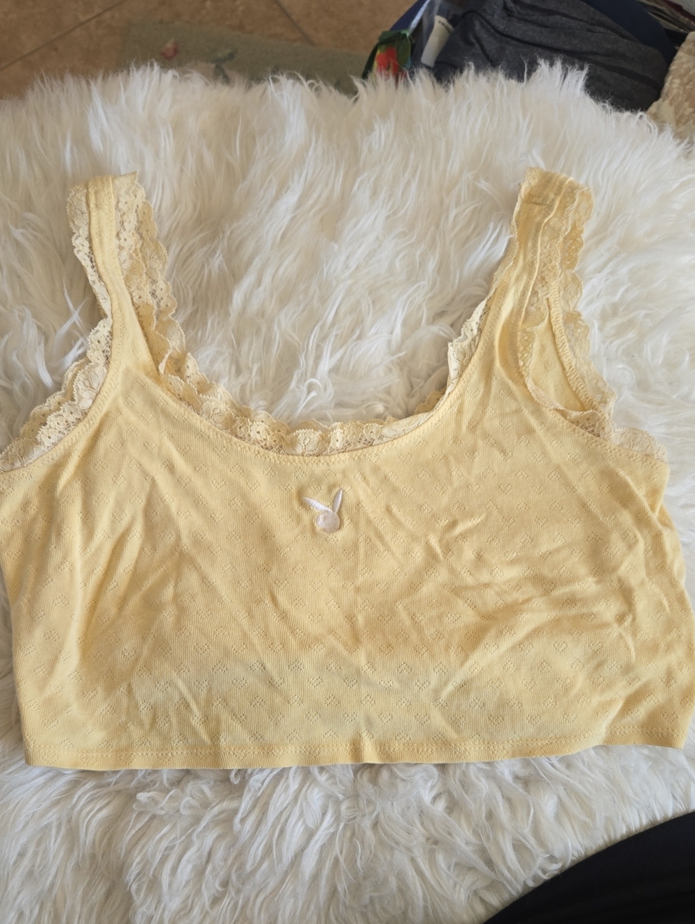 PLAYBOY Cream Eyelet Knit Bralette with Lace Trim